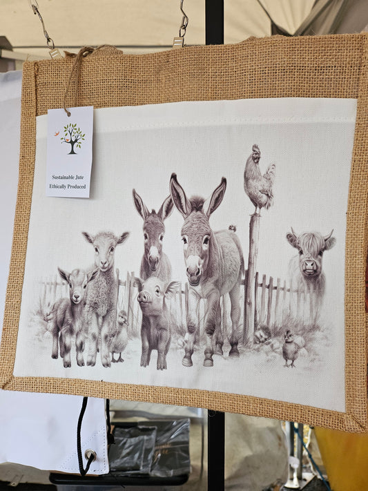 Farm Animals Jute Shopping Bag