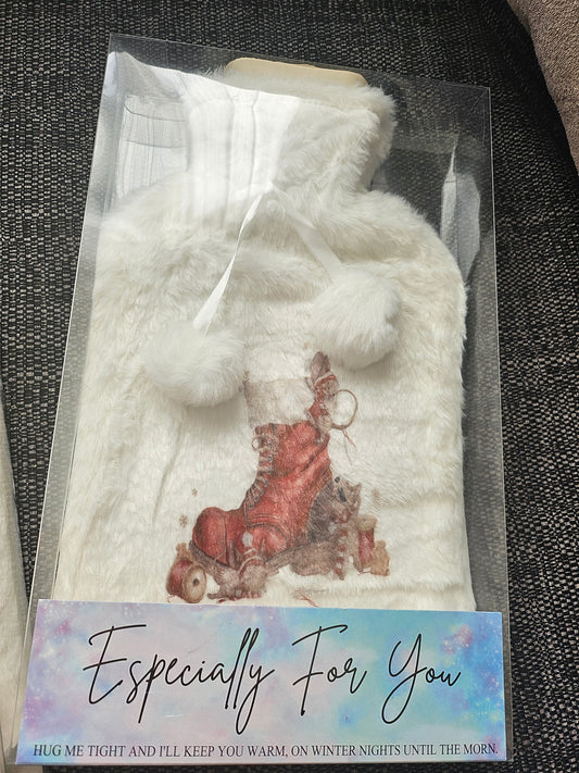 Christmas Boot & Mice Faux Fur Hot Water Bottle Cover