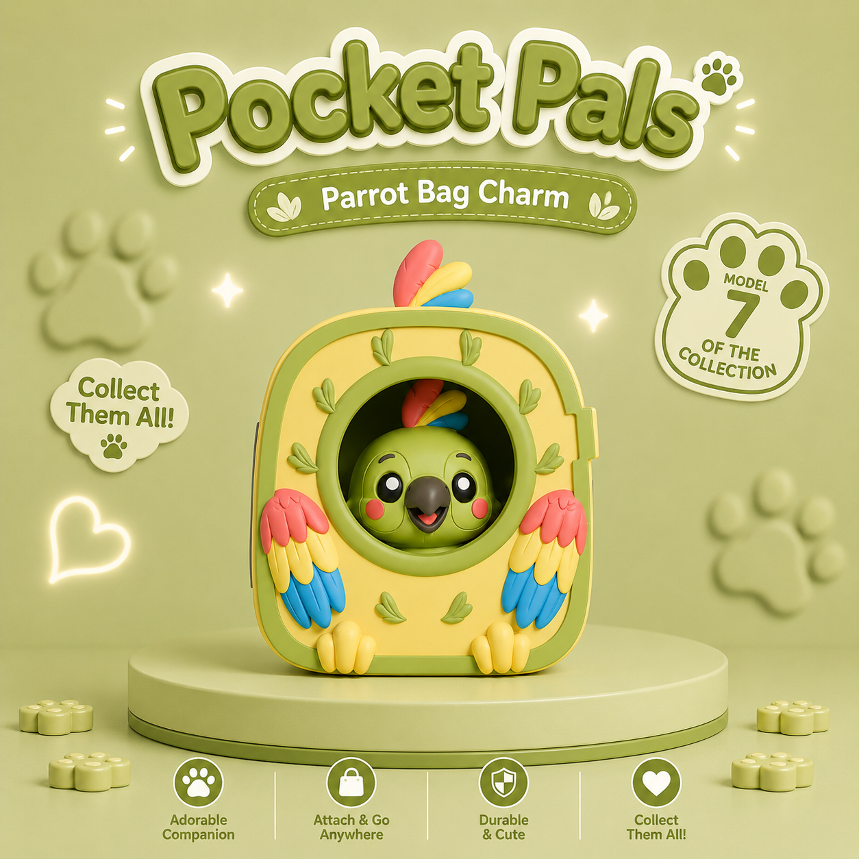 Pocket Pals Parrot Bag Charm closed front view showing parrot peeking through window