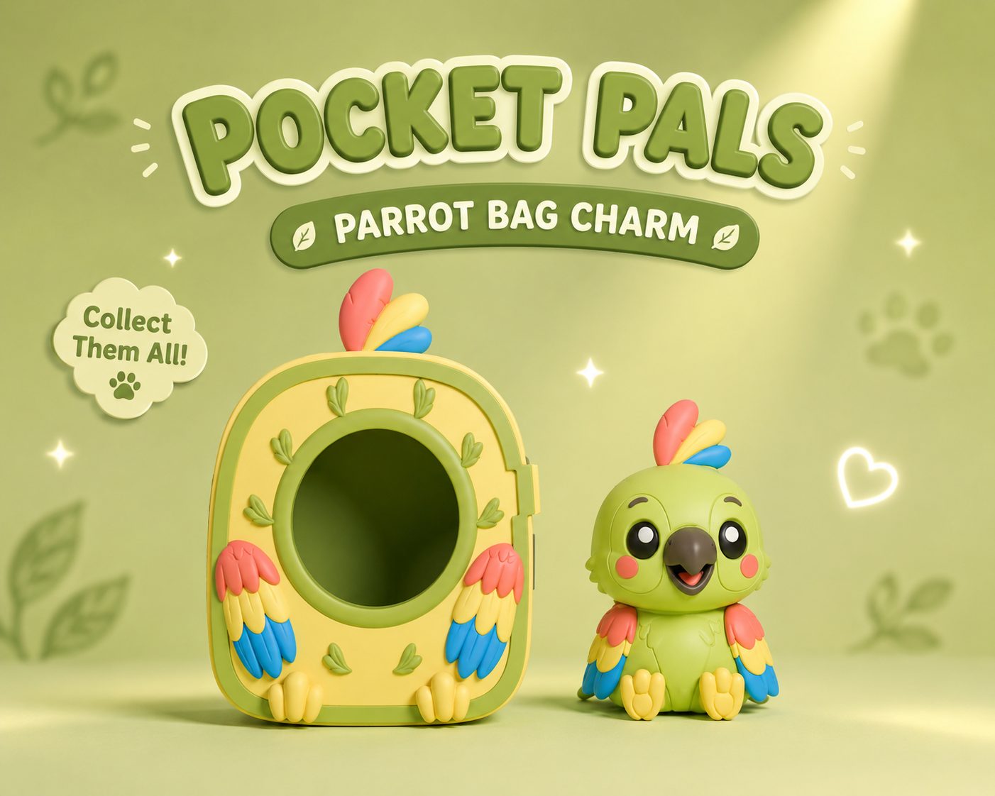 Pocket Pals Parrot Bag Charm with companion parrot figure beside it