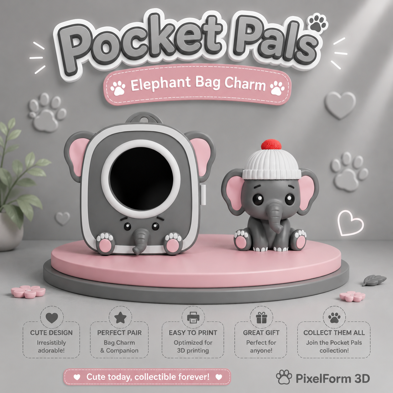 Pocket Pals Elephant Bag Charm with companion figure on pink display stand